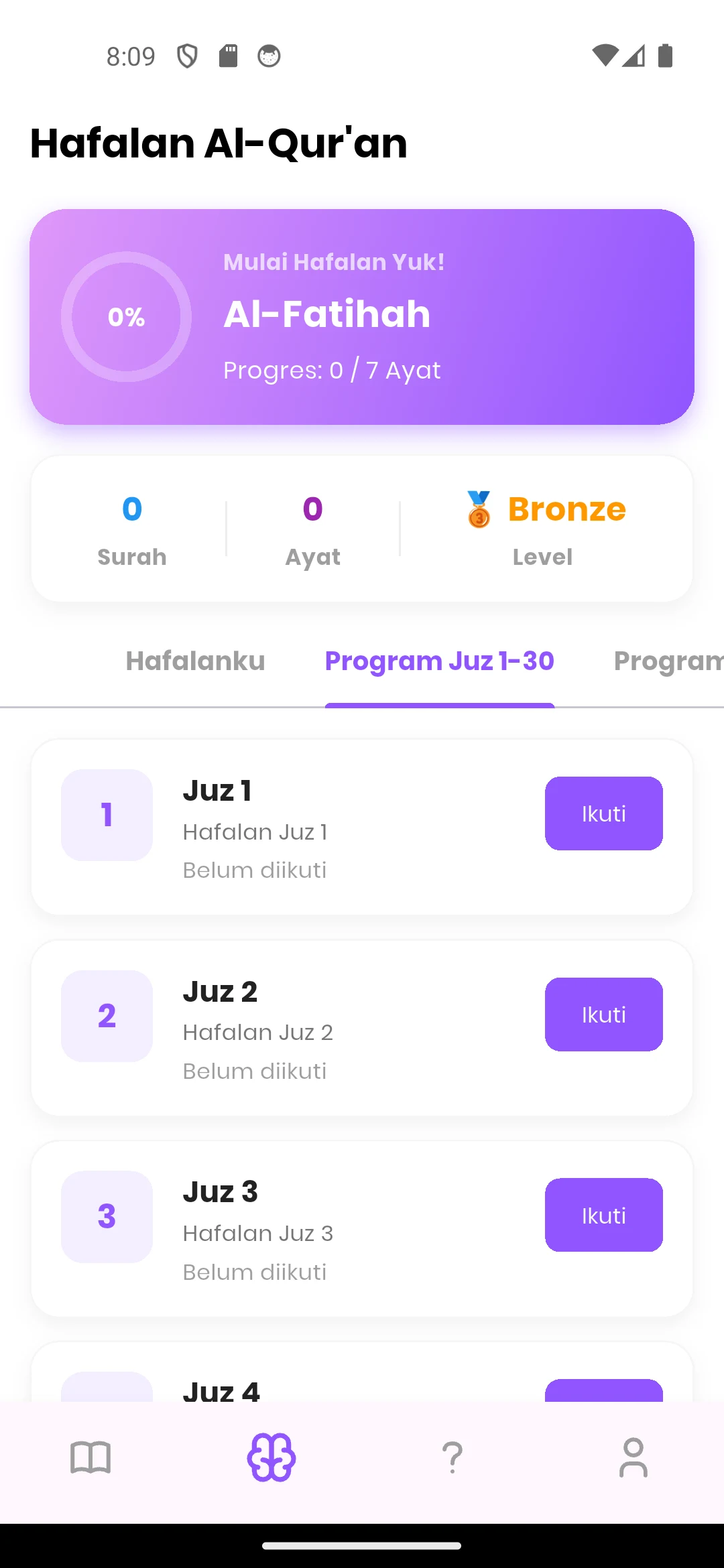 Tampilan program hafalan Juz 1 sampai 30 Quran Ziyadah