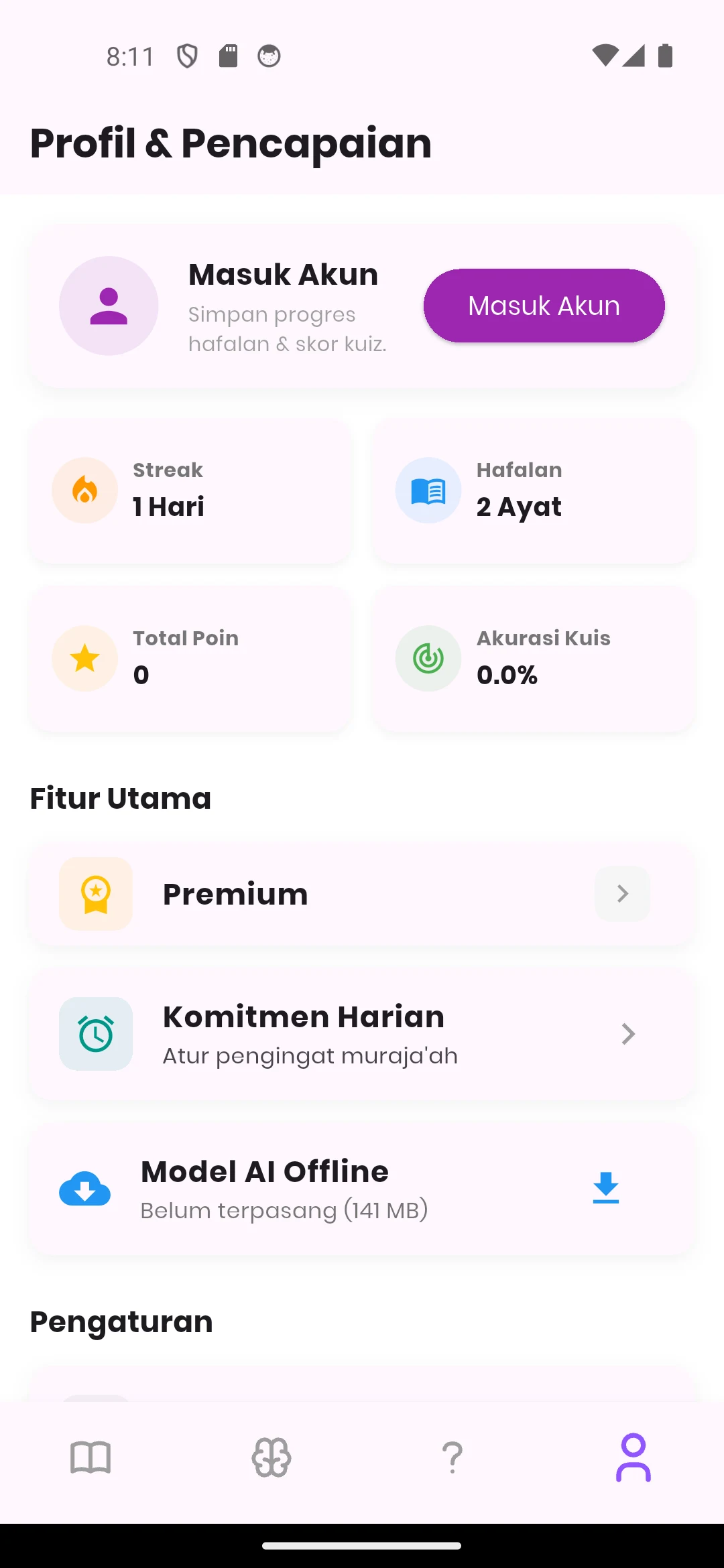 Tampilan profil, progress, streak, poin, dan model AI Offline Quran Ziyadah
