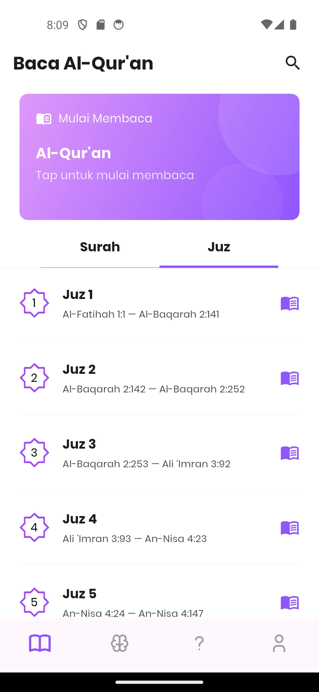 Daftar Juz pada Quran Reader Quran Ziyadah